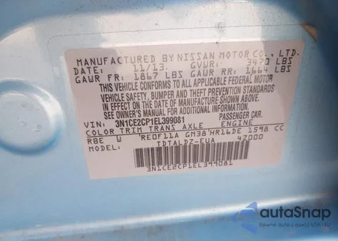 2014 Nissan Versa Note Sv из США, поврежденный, VIN 3N1CE2CP1EL399081